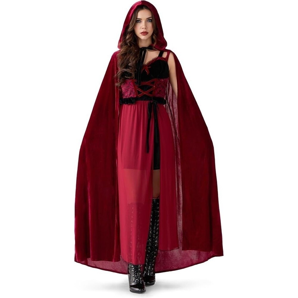 Velvet Cape with Hood - Witch Cloak ONLY Women's Cosplay Costume Wine Red